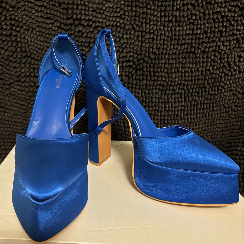 Bright Blue Satin Point Toe Platform High Heels